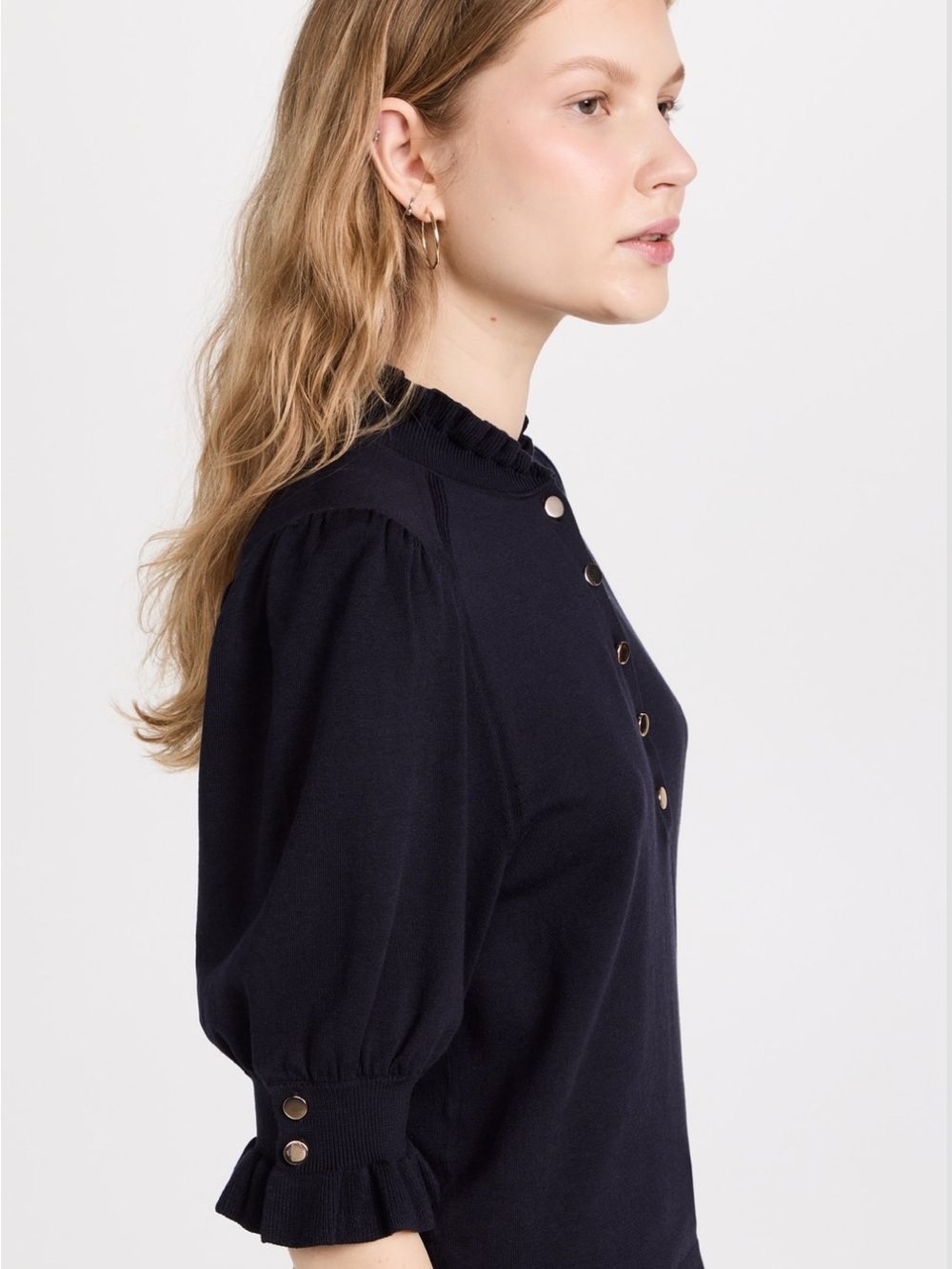 ba&sh SERA Navy Button-Placket Ruffle Sleeve Sweater - Picture 5 of 10